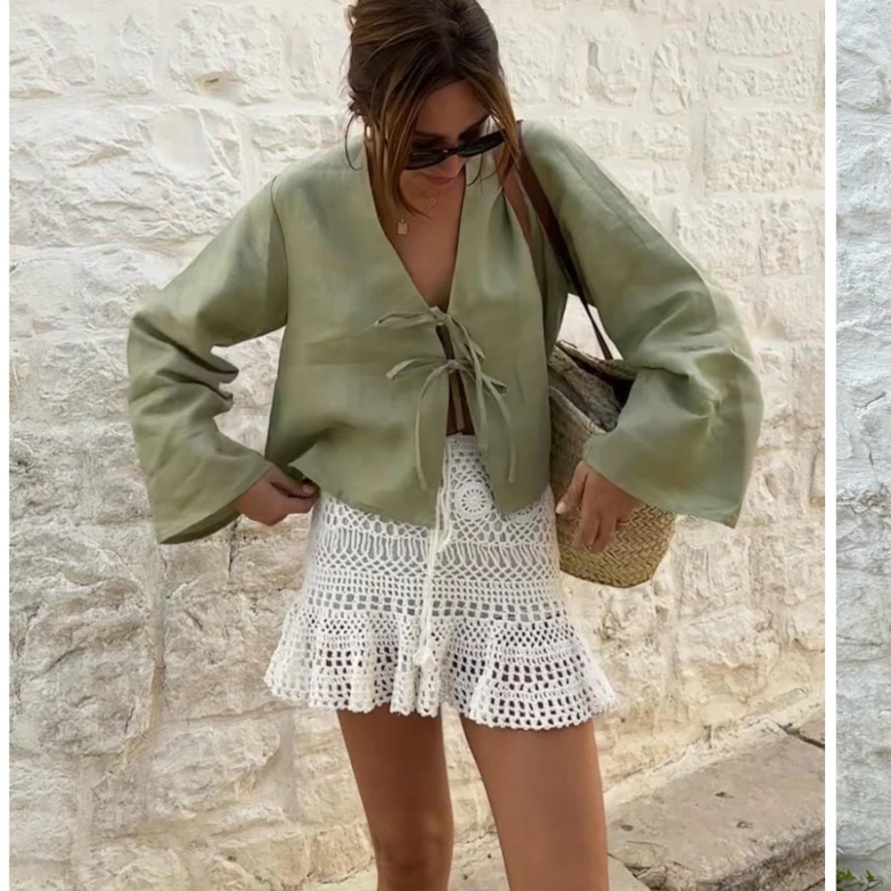 NWT Commense Cotton Light Green Oversized Tie-Front Blouse